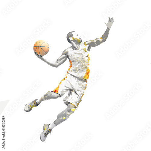 Vector illustration of a basketball player jumping with a ball drawn with paints