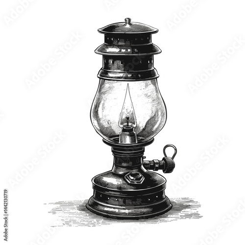 Old engraving style antique kerosene lamp, hand drawn vintage lantern in black ink sketch, rustic home decor, retro object art, detailed monochrome drawing, antique light source