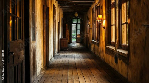 Abandoned hallway with wooden floor and vintage lighting fixtures