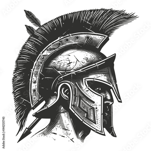 Ancient warrior helmet, bold vintage engraving style, black sketch, arrow through helmet, retro battle armor art, heroic knight gear, old school tattoo design, historic warrior symbol