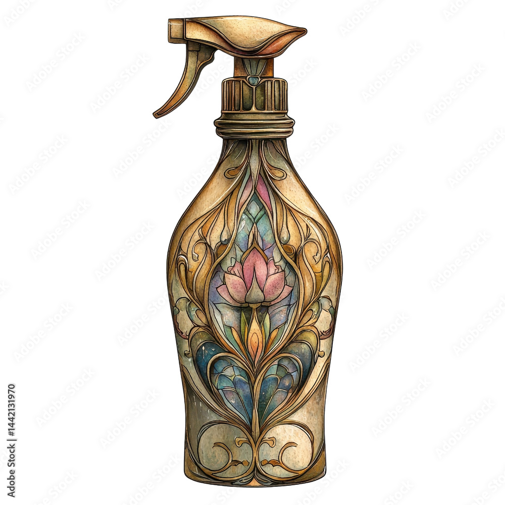Art Nouveau style depiction of a spray bottle, elegant and decorative, isolated on a white background. cutout png