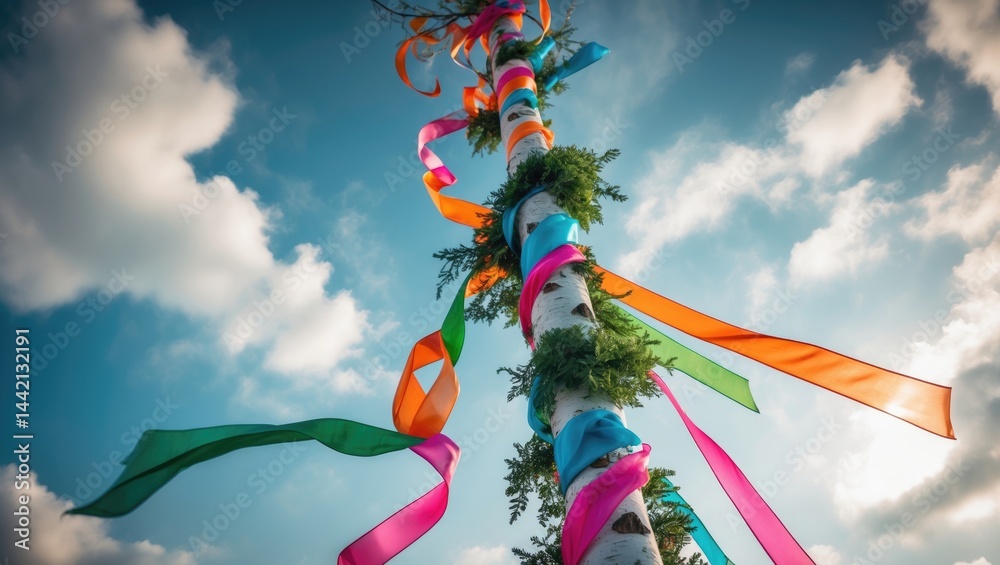 Colorfully ribboned birch decorated maypole