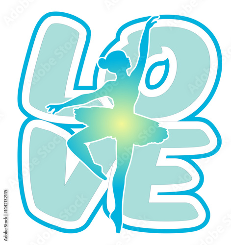 Vector illustration with the silhouette of a ballerina in tutu placed at the center of the word “Love” in bold rounded letters with a two-tone effect: lighter Blue and darker blue