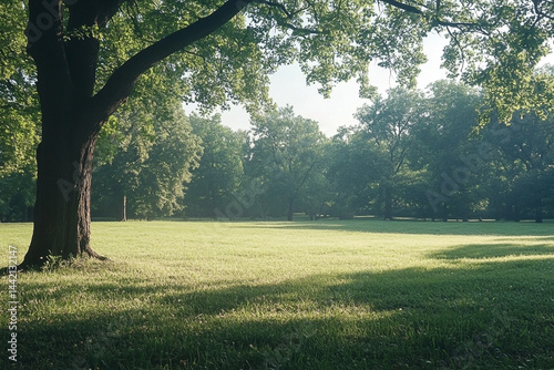 Sunlit Serenity: Verdant Meadow and Towering Tree Embrace the Gentle Morning