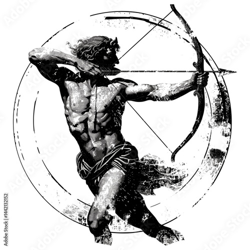 Vintage retro engraving of an Ancient Greek centaur, mythical creature with bow and arrow, black icon, logo, label, isolated element, black sketch, trendy retro art, old engraving.