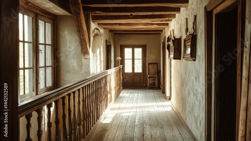 Serene Wooden Corridor in Rustic Architecture with Natural Light