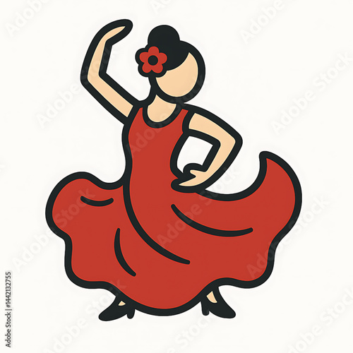 A flat design icon of a flamenco dancer with a swirling skirt 