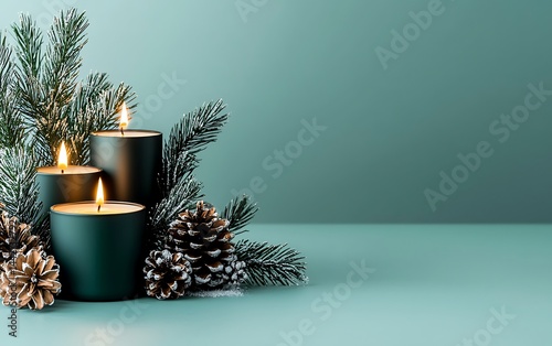 Three dark green candles, adorned with pine branches and pinecones, create a festive scene