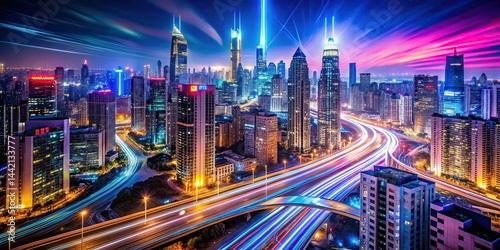 Futuristic City Skyline Night Light Trails - Tech Innovation