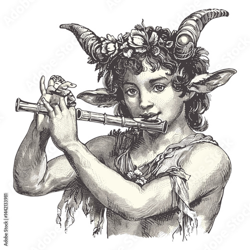 Young mythical satyr playing flute, vintage retro engraving, black icon, logo, isolated element, old sketch, trendy vintage style, black logo, artistic satyr illustration, flute music icon photo