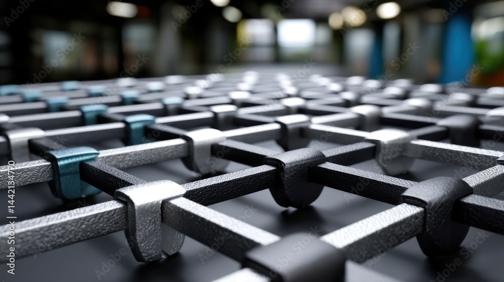 Obraz premium Close-up of a metallic grid structure with black, gray, and teal elements, industrial and modern design