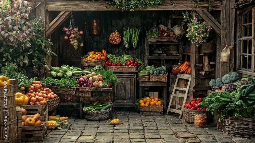 Fototapeta premium Fresh Vegetables and Fruits Displayed in Rustic Marketplace Setting