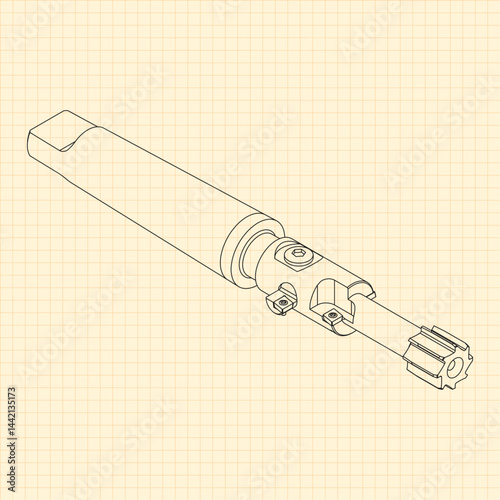 Mechanical engineering drawings. Tap tools, borer. Technical Design. Cover. Blueprint. Step Cutting Tool with Countersinking Function. Technical 3D Vector Illustration