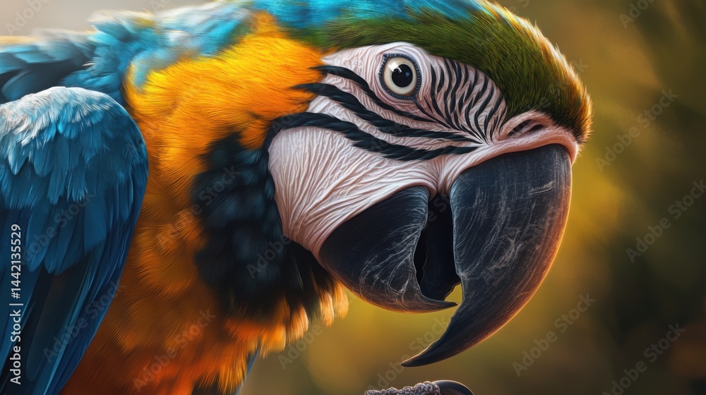 Fototapeta premium A close-up of a beautiful macaw face, capturing the intensity of its blue and yellow feathers and bright beak.