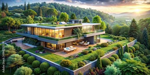 Futuristic Smart Home in Natural Landscape, AI Photo