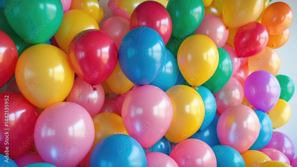 The background features a wall decorated with various colorful balloons