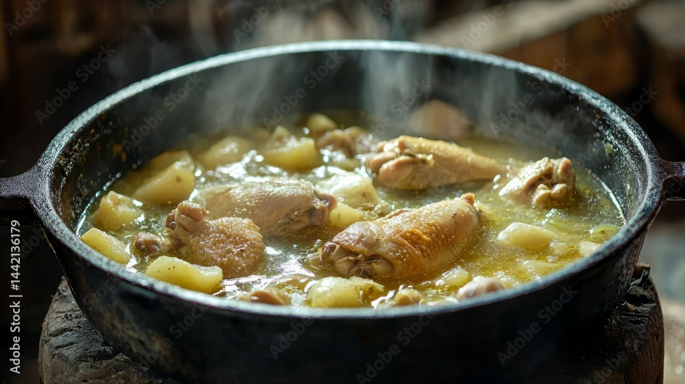Comforting Chicken Dish Cooking in Rustic Iron Pot with Vegetables Comforting Chicken Dish Cooking in Rustic Iron Pot with Vegetables