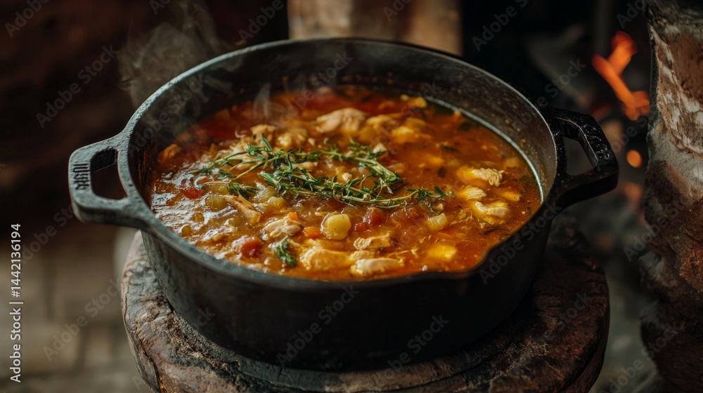 Rustic Hot Meal Cooking in Cast Iron Pot Over Open Fire
