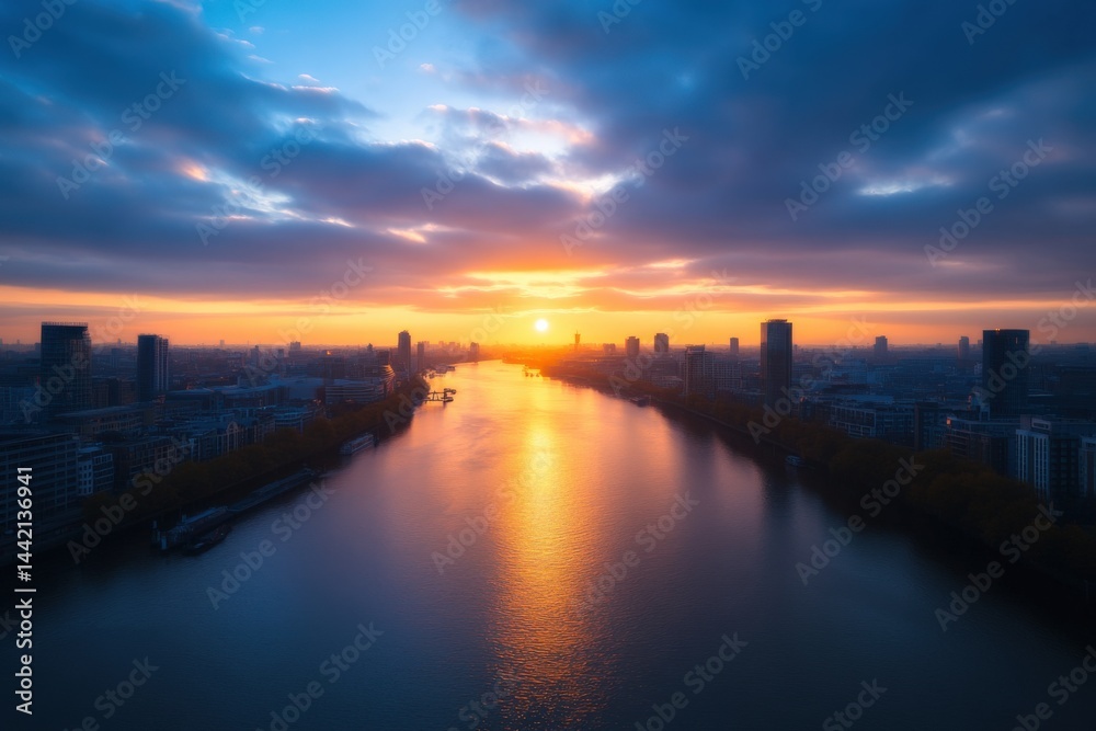 Fototapeta premium City river skyline at glowing sunset