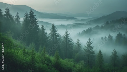 Fototapeta Naklejka Na Ścianę i Meble -  Impressive vista of gorgeous fog-covered mountains in a misty setting. Exceptional and dramatic scene. Travel inspiration. Exploring the wonders of nature.
