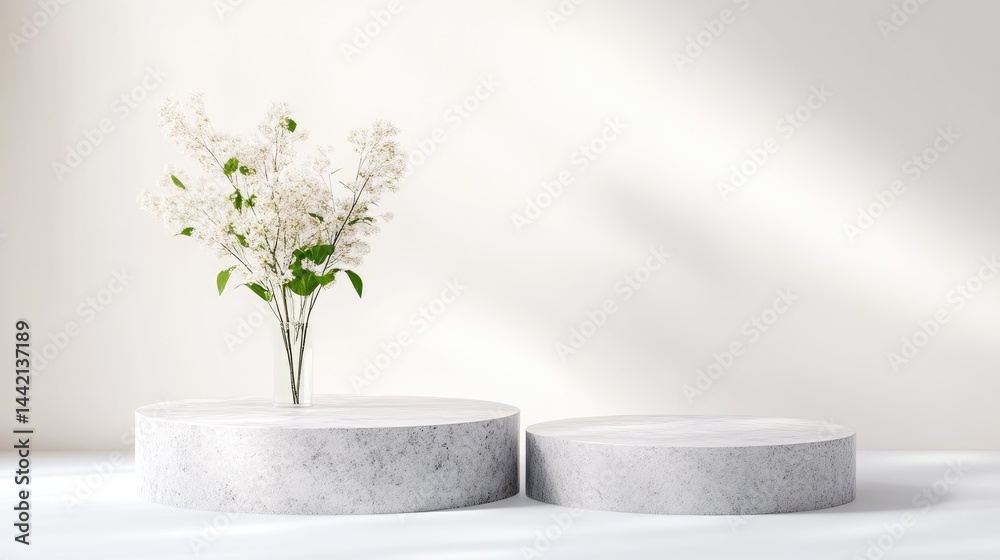 Fototapeta premium Elegant marble podiums with delicate flowers