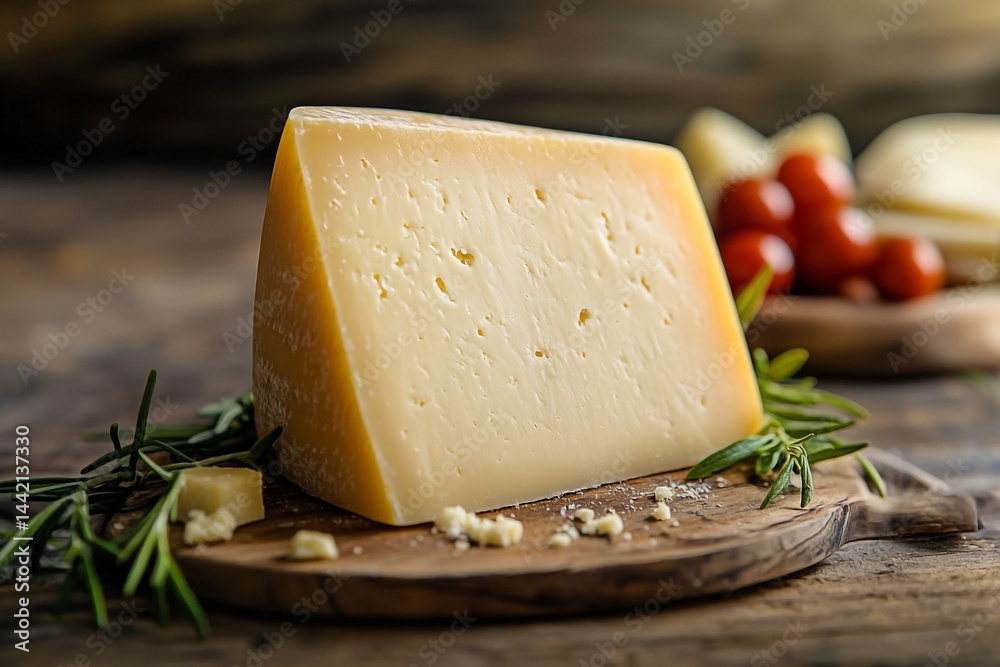 Artisan cheese wedge with rosemary and cherry tomatoes on rustic wooden board
