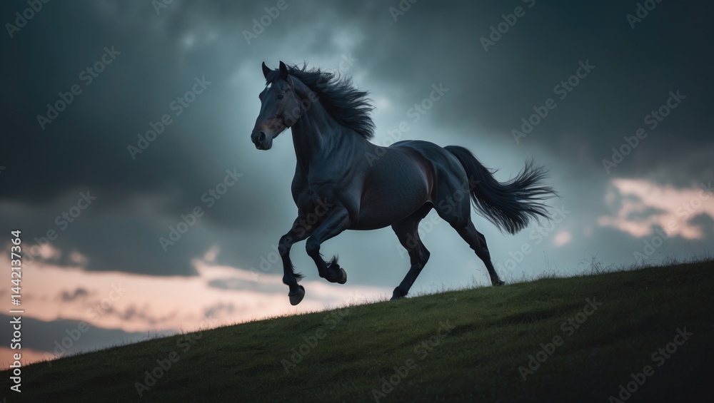 Obraz premium Friesian horse in full gallop with black coat