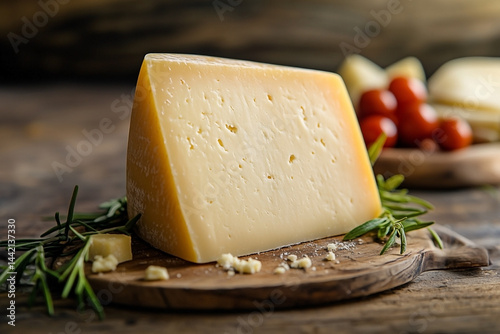 Obraz na płótnie Artisan cheese wedge with rosemary and cherry tomatoes on rustic wooden board w salonie