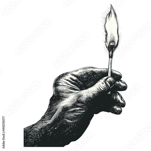 Old vintage engraving of a burning match in a man's hand, black vector illustration, print, retro emblem, classic design, hand with fire, antique artwork, fire in hand, print art