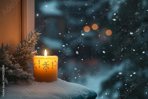 Serene snowy night scene with a burning candle illuminating a winter's eve