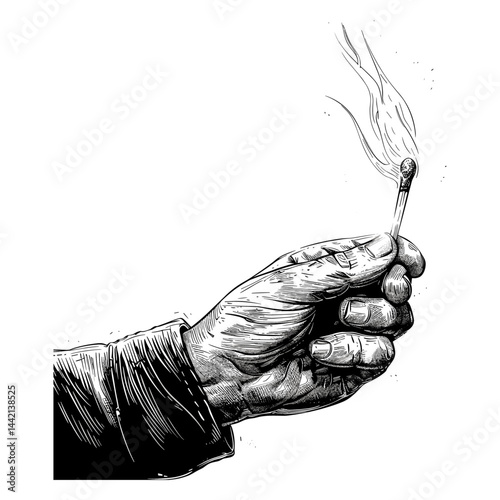 Burning match in a man's hand, vintage engraving, black vector print, emblem design, old-school art, fire icon, retro illustration, antique matchstick artwork, timeless print