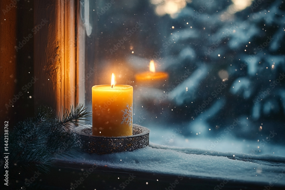 Aromatic candle glowing warmly in a snowy window, winter season stillness