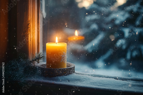 Obraz na płótnie Aromatic candle glowing warmly in a snowy window, winter season stillness w salonie