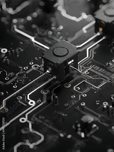 Close-up circuit board with central button