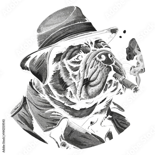 Black sketch bulldog detective in trench coat, old engraving style vintage illustration, smoking cigar emblem, trendy black and white vector art, aesthetic logo design