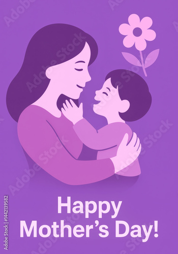 Heartwarming Happy Mother’s Day Illustration with Mother and Child Embracing on a Purple Background with Flower Motif for Family Love and Celebration Themes