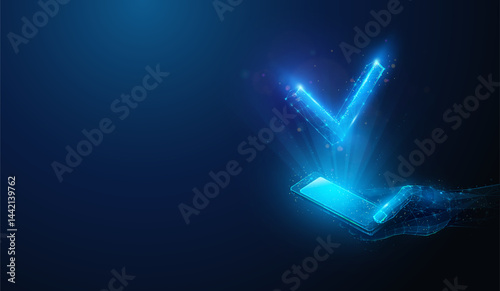 Low Poly Check Mark over Smartphone in Hand. Abstract geometric illustration depicting mobile to-do list application for personal task and time management concept by wireframe mesh on blue background