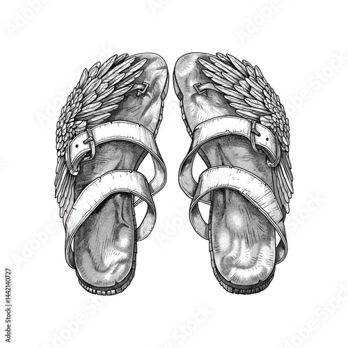 Winged sandal vintage vector, old engraving style, black sketch, retro mythology footwear illustration, antique shoe drawing, classic ancient Greek sandal art, engraving texture,