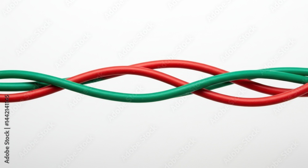 A close up of intertwined red and green electrical wires on a plain white background in a studio shot A close up of intertwined red and green electrical wires on a plain white background in a studio shot
