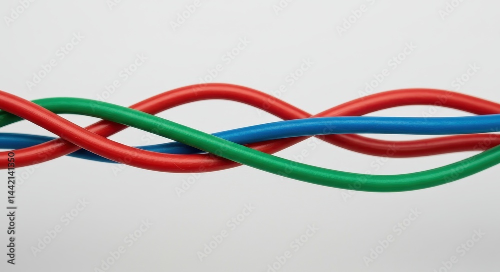 A close up shot of intertwined red green and blue wires on a plain white background in a studio setting A close up shot of intertwined red green and blue wires on a plain white background in a studio setting