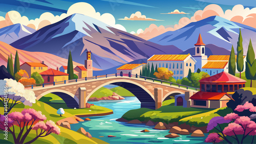 Spectacular spring view of Old Mes Bridge. Wonderful morning landscape of Shkoder. Captivating outdoor scene of Albania, Europe. Traveling concept