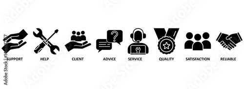 Customer care banner web icon vector illustration concept for customer support and telemarketing service with an icon of help, client, advice, chat, service, reliability, quality, and satisfaction