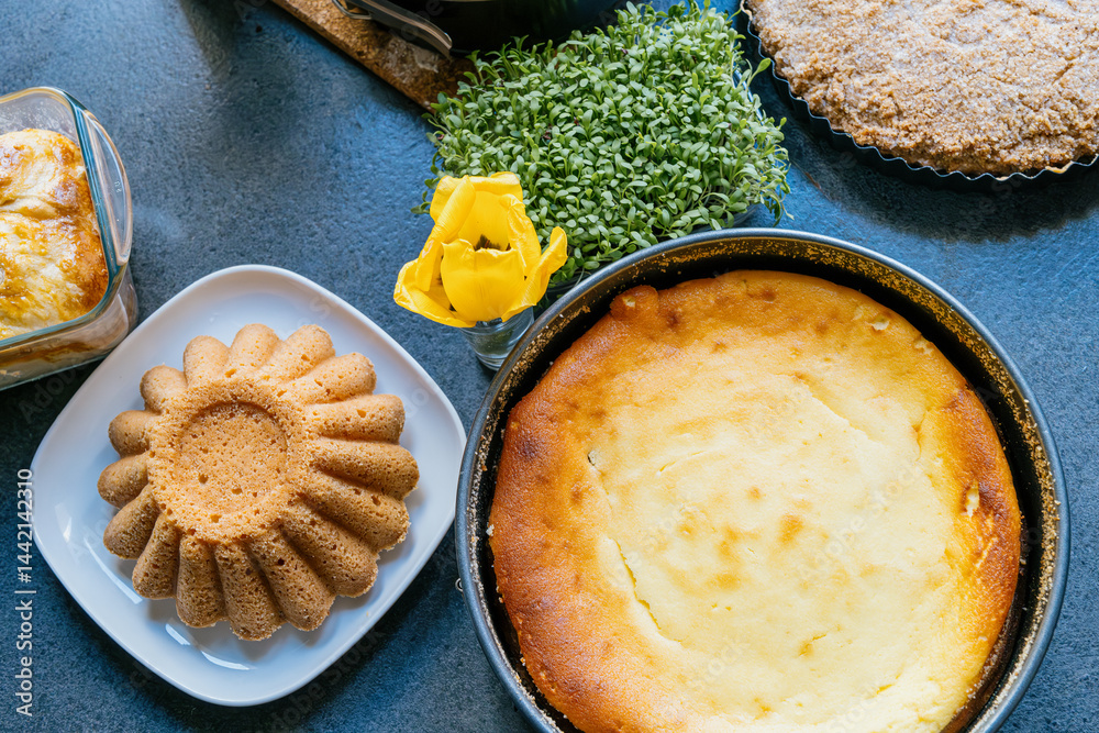 Holiday baking. Pound cake and cheesecake in a baking tin surrounded by a green plant, a yellow flower on an anthracite countertop.