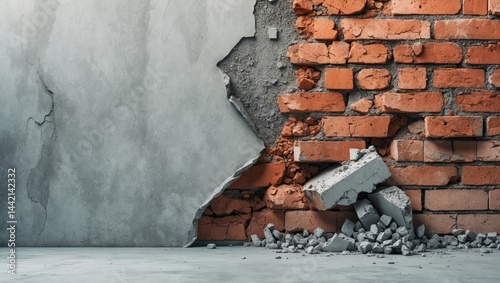 Fragment of concrete breaking away from a wall.