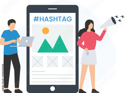 Social media managers collaborating while utilizing a laptop and megaphone, promoting engaging content on a large smartphone featuring a vibrant hashtag and eye-catching image

