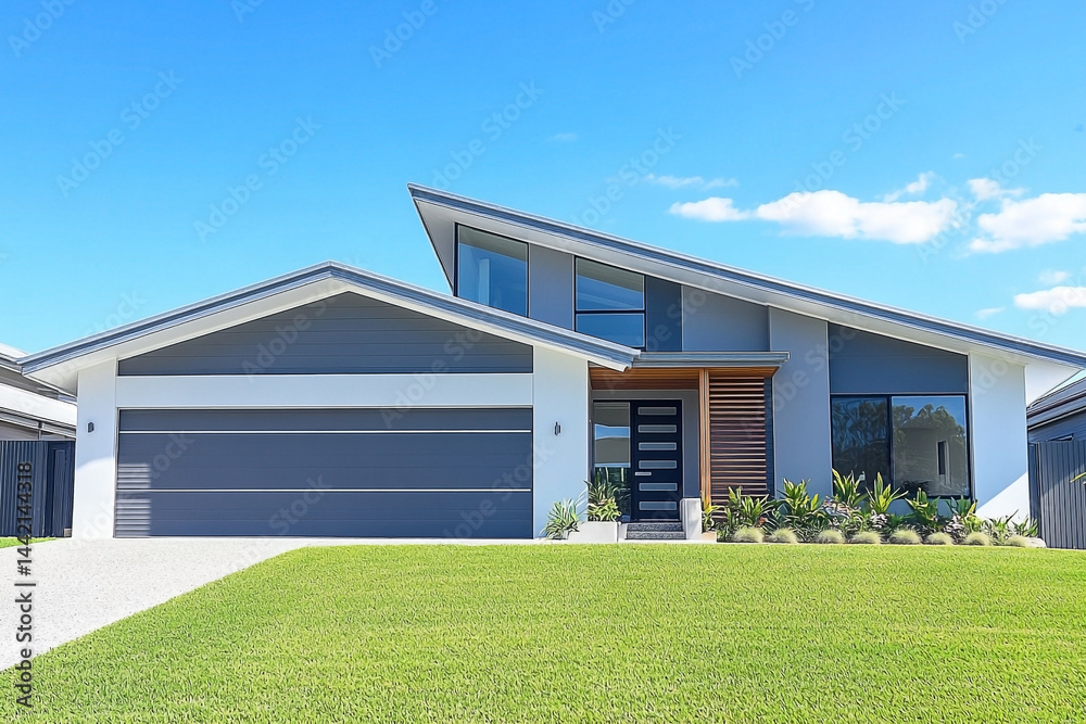 Modern suburban home featuring contemporary architectural design under blue sky