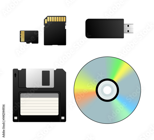 Storage devices evolution from floppy disk to micro sd card and usb drive