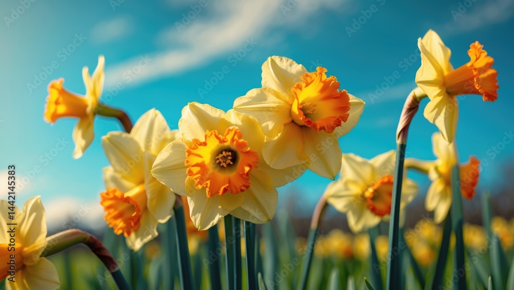Obraz premium Sunlit yellow-orange daffodils showcasing vibrant colors