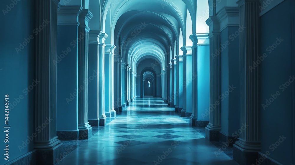 Fototapeta premium Serene Blue Architectural Passage with Arched Ceilings and Columns
