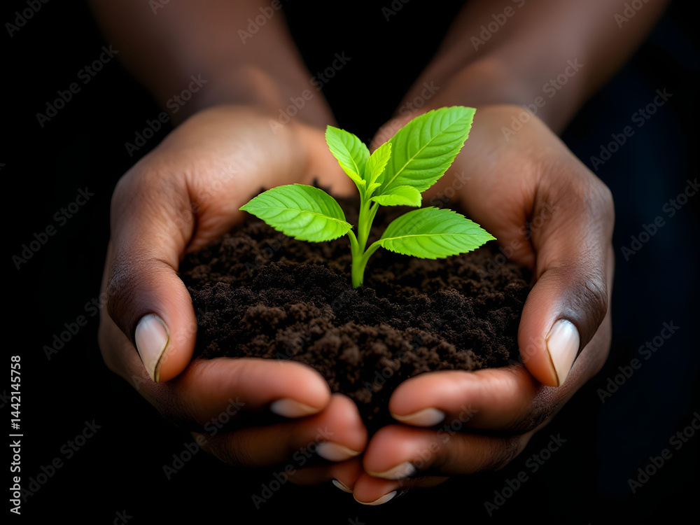 Hands cradling a sprouting plant with dark soil Hands cradling a sprouting plant with dark soil